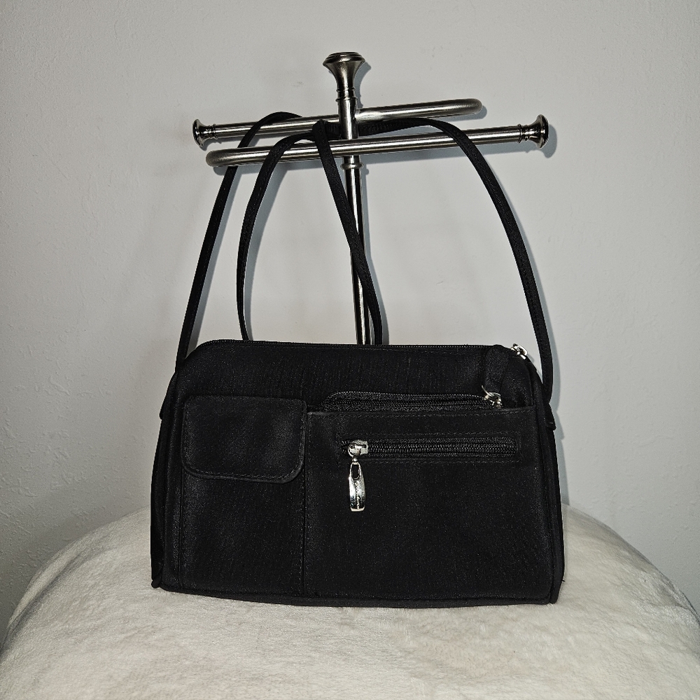 Black Women’s Shoulder Bag with Front Zip and Pocket 10" by 6"